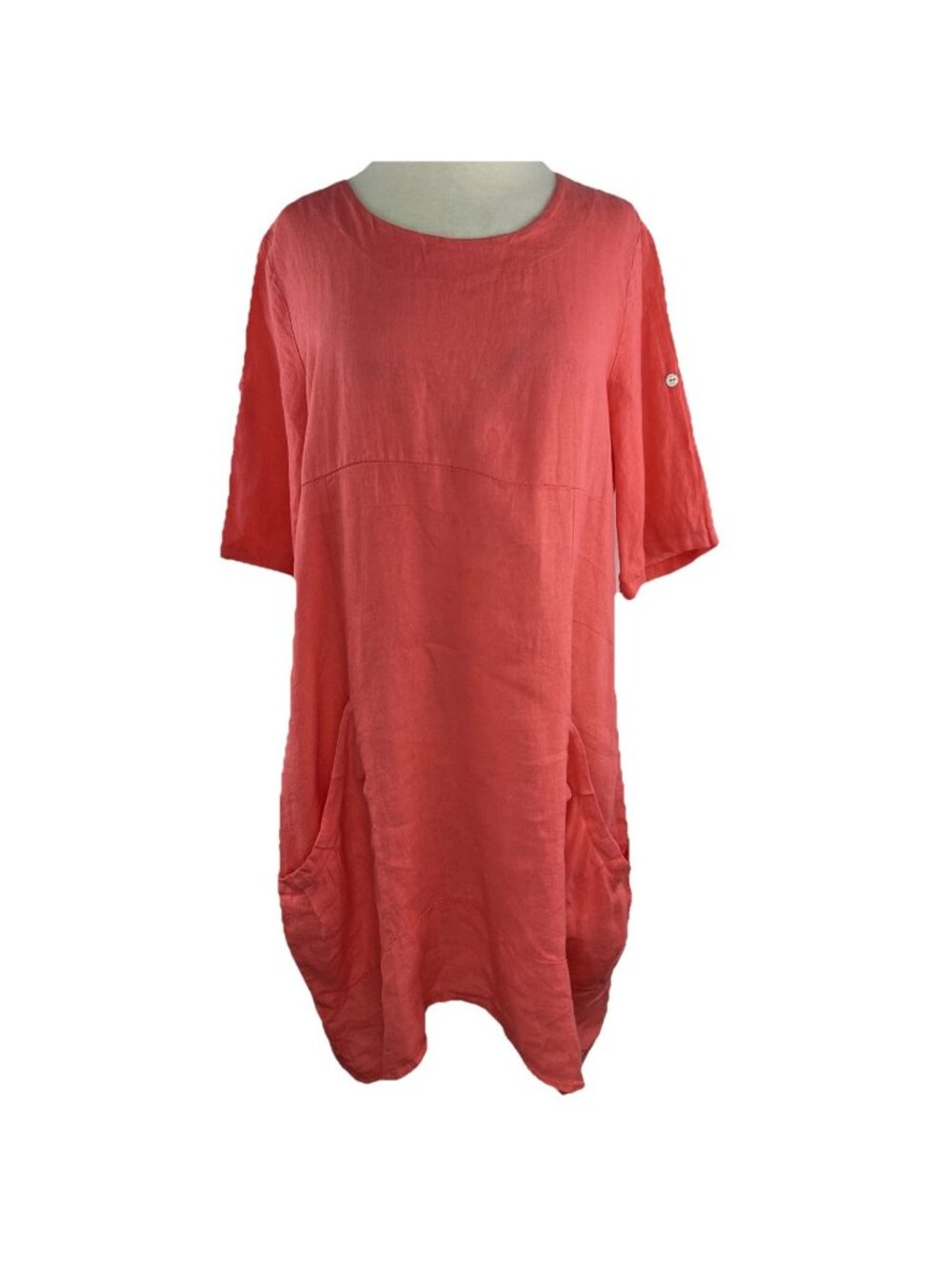 OSO Casuals L Melon Linen Short Roll Tab Sleeves Lagenlook Pockets Italy Dress